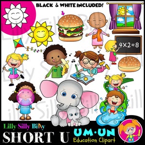 CVC - Short U Klinker MINI SET 2 (Um, Un) - Z / W & kleuren clipart afbeeldingen.
