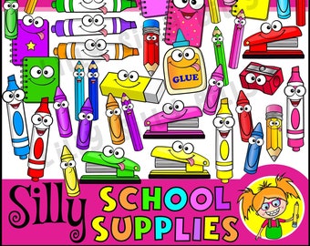 Könnte beinhalten: Eine bunte Illustration verschiedener Schulmaterialien mit Comic-Gesichtern. Die Materialien umfassen Bleistifte, Buntstifte, Marker, Radiergummis, Kleber, einen Bleistiftspitzer und einen Hefter. Der Text "Lilly Silly Billy" und "Silly School Supplies" ist ebenfalls im Bild enthalten.