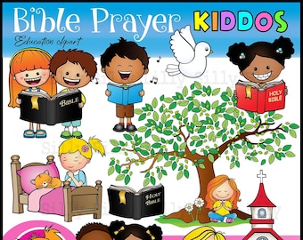 Bible Prayer Clipart. BLACK and WHITE and color. Vibrant illustrations of children praying and singing hyms.