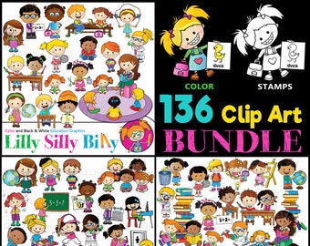 Schooldag Clipart waarde BUNDEL, 136 afbeeldingen, kinderen leren, spelling, lezen, wetenschap, sport, wiskunde, schrijven. Educatieve afbeeldingen.