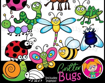 Op de afbeelding: Clipart-set met kleurrijke cartoon-insecten, waaronder een lieveheersbeestje, een mier, een rups, een libel, een sprinkhaan, een vlieg, een vlinder, een slak en een meisje met een vergrootglas. De tekst "Critter Bugs" is in de afbeelding opgenomen.