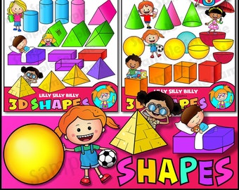 Kids with 3D Shapes clipart set, Small-commercial use education graphics, Fun clipart for teaching basic shapes.