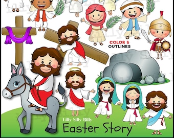 May include: A set of colorful illustrations depicting the Easter story. The illustrations include Jesus carrying a cross, riding a donkey, and being resurrected. There are also angels, disciples, and a Roman soldier. The text "Lilly Silly Billy Easter Story" is at the bottom of the image.