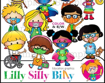 Kool Kids with covid-safe masks, Clipart. BLACK and WHITE and color, Education graphics of children of practising health and safety.
