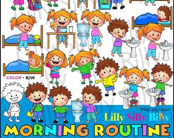 Morning Routine - Milo and Lilly. Sequential Clipart in black & white/ full color. Small commercial and educational use.