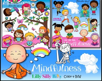 Atención plena, paquete de imágenes prediseñadas. Negro y BLANCO e imágenes a todo color. ¡Gráficos educativos de niños que participan en mindfulness!