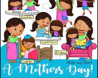 Een Moederdag (bruine huid) - Clipart in ZWART & WIT / full colour. Klein commercieel* en educatief gebruik.