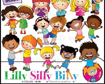 Morning Greetings - Clip art, minimal contact greetings. BLACK and WHITE and color, Education graphics of children of diverse nationalities.