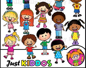 Just Kiddo's. Clipart in BLACK and WHITE and Full Color. Education graphics of children of diverse nationalities.