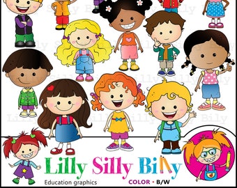 Just Kids Clipart. BLACK and WHITE and COLOR. Education graphics of children of diverse nationalities. Teacher and school clipart.