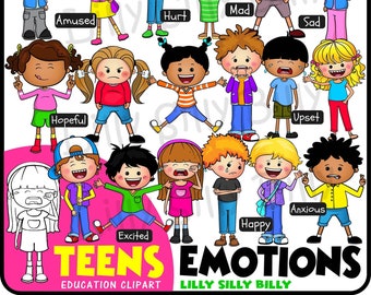 Teen's Emotions. Clipart, Black and White & COLOR, small commercial and educational use.