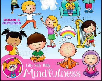 Atención plena 2 Imágenes prediseñadas. BLANCO y NEGRO y color. ¡Gráficos educativos de niños que participan en mindfulness!