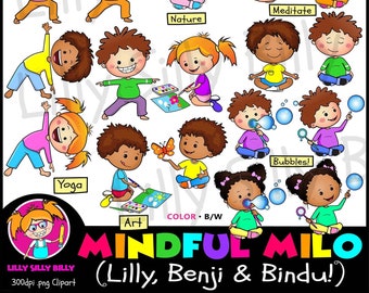 Milo consciente (Lilly, Benji y Bindu). Colección de imágenes prediseñadas. Ilustraciones a todo color y en BLANCO y NEGRO.