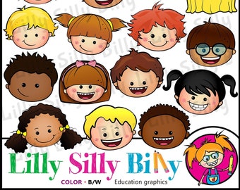 Funky Faces 2 . BLACK AND WHITE & Color clipart. {Lilly Silly Billy}