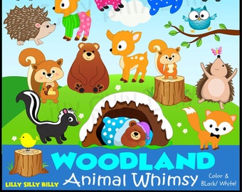 May include: A collection of whimsical woodland animal illustrations, including raccoons, skunks, bears, deer, squirrels, an owl, a fox, and a hedgehog. The image features the text "Woodland Animal Whimsy" and "Lilly Silly Billy".