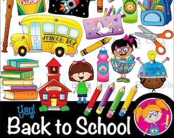 Back to School Clipart, 40 clipart images (BLACK and WHITE & COLOR), Cute school kids and school house, school bus, commercial use.