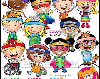 Kool Kids with Face Shields/ masks, Clipart. BLACK and WHITE and color, Education graphics of children of practising health and safety.