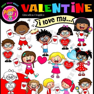 Amo il mio Valentino. Clipart. BIANCO e NERO e a colori. Grafica didattica di bambini che festeggiano San Valentino.