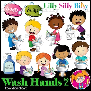Hand Washing - Clipart cute chidren performing personal hygiene tasks, for small commercial, educational and personal use.