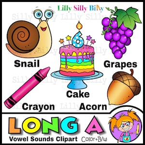 Phonics LONG A Vowel Sound - B/W & Kleur clipart. {Lilly Silly Billy}