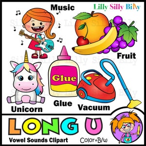Phonics LONG U Klinker Geluid - B/W & Color clipart. {Lilly Silly Billy}