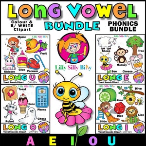 Imagem Phonics 50, PACOTE DE VOGAIS LONGAS, - clipart em preto e branco e colorido. {Lilly Bobo Billy}