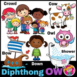 Puede incluir: Un gráfico educativo colorido con la palabra "Diphtong OW" en letras moradas grandes. El gráfico presenta ilustraciones de una multitud de personas, una vaca, un búho, un barco, una persona llorando y una ducha. Cada ilustración está etiquetada con una palabra que incluye el sonido "OW", como "Crowd", "Cow", "Owl", "Bow", "Down" y "Shower".