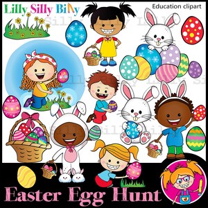 Ostereiersuche - Clipart niedliche Kinder auf der Jagd nach Schokoladeneiern und dem Osterhasen. Clipart kommerzielle Nutzung.