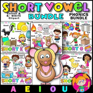 Imagem Phonics 50, PACOTE DE VOGAIS CURTAS, - clipart em preto e branco e colorido. {Lilly Bobo Billy}
