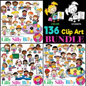 School Day Clipart value BUNDLE, 136 graphics, children learning, spelling, reading, science, sport, maths, writing. Education graphics.