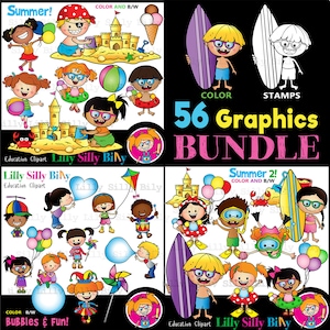¡Verano y burbujas! - Clipart para pequeño uso comercial y educativo. ¡Imágenes para ilustrar a los niños participando en la diversión playera, veraniega y burbujeante!