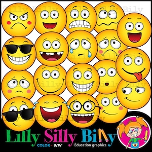 Clipart 'Brainy Buds' de Emoji - Gráficos educativos para niños. Imágenes de expresiones faciales. Gráficos de uso comercial.
