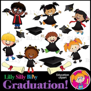 Abschluss! - Clipart für kleine kommerzielle und Bildungsnutzung. Bilder, um Studenten in Abschlusskleidern zu zeigen, die vor Freude springen!