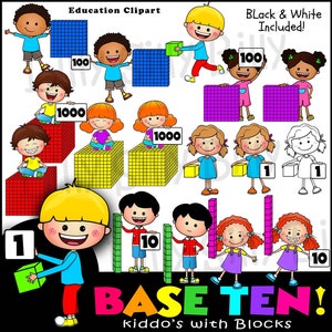 Op de afbeelding: Kleurrijke cartoonfiguren die basis-tien-blokken vasthouden, die de getallen 1, 10, 100 en 1000 voorstellen. De afbeelding bevat de tekst "BASE TEN! kiddo's with Blocks".