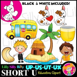 CVC - Short U Klinker MINI SET 3 (Up, Us, Ut, Ux) - Z/W & kleuren clipart afbeeldingen.
