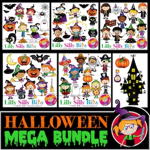 May include: A Halloween mega bundle clipart set featuring colorful illustrations of witches, ghosts, pumpkins, bats, and other Halloween characters. The set includes both color and black and white versions of the images.