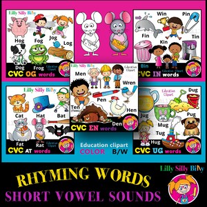 Clip art PACOTE DE VALOR. CVC - Palavras que rimam (vogais curtas). 62 Imagens Clipart para pequeno uso comercial e educacional.