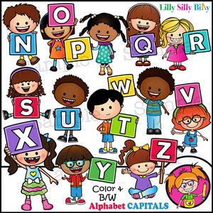 Alphabet Kids Capitales N-Z.  Bonitas imágenes prediseñadas de niños que muestran letras. Aprendizaje de imágenes prediseñadas. Pequeño uso comercial, personal y educativo.
