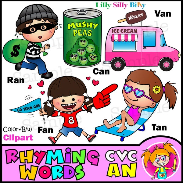 CVC  Rhyming Word Clipart - AN - B/W & Color images. For small commercial and educational use.