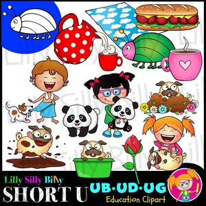 CVC - Vogal U curta MINI SET 1 (Ub, Ud, Ug,) - Imagens clipart em preto e branco e cores.