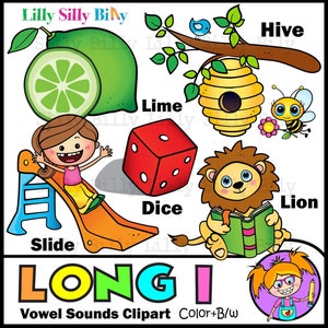 Phonics LONG I Vowel Sound - B/W & Kleur clipart. {Lilly Silly Billy}