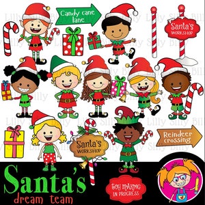 Santa's Dream Team - ZWART en WIT/ en full colour BUNDEL. Feestelijke kerstclipart, Santa's helpers, schoolkinderen.