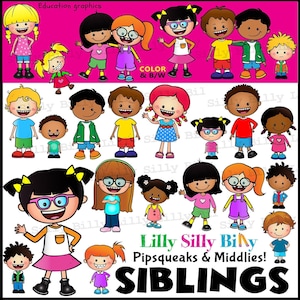Broers en zussen (Pipsqueaks en Middlies!) ZWART-WIT & Kleur tekenclipart. Voor klein commercieel en educatief gebruik.