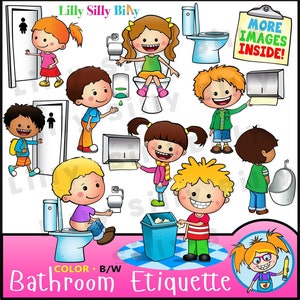 Badkamer Etiquette - ZWART en WIT / en full color clipart. Educatief en klein zakelijk gebruik.