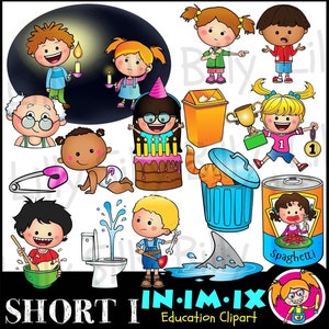 CVC - korte I klinker MINI SET 1 (In, Im, Ix) - onderwijs clipart. Voor klein commercieel en educatief gebruik.