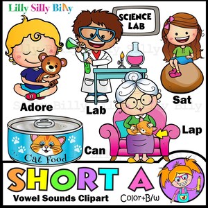 Phonics SHORT A Vowel Sound - B/W & Kleur clipart. {Lilly Silly Billy}
