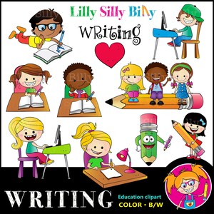 Schrijven en huiswerk. Zwart-wit en kleur onderwijs afbeeldingen van kinderen leren schrijven. Leraar en school clipart.