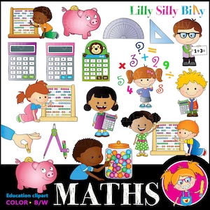 MATHS - 35 Clip art images (BLACK and WHITE/ full color). Children solving maths problems. Maths tools. Teaching aid graphics.