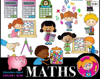 MATHS - 35 Clip art images (BLACK and WHITE/ full color). Children solving maths problems. Maths tools. Teaching aid graphics.