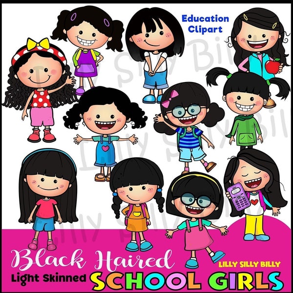 Black Haired, Light Skinned School Girls. Clipart, Black and White & COLOR, small commercial and educational use.